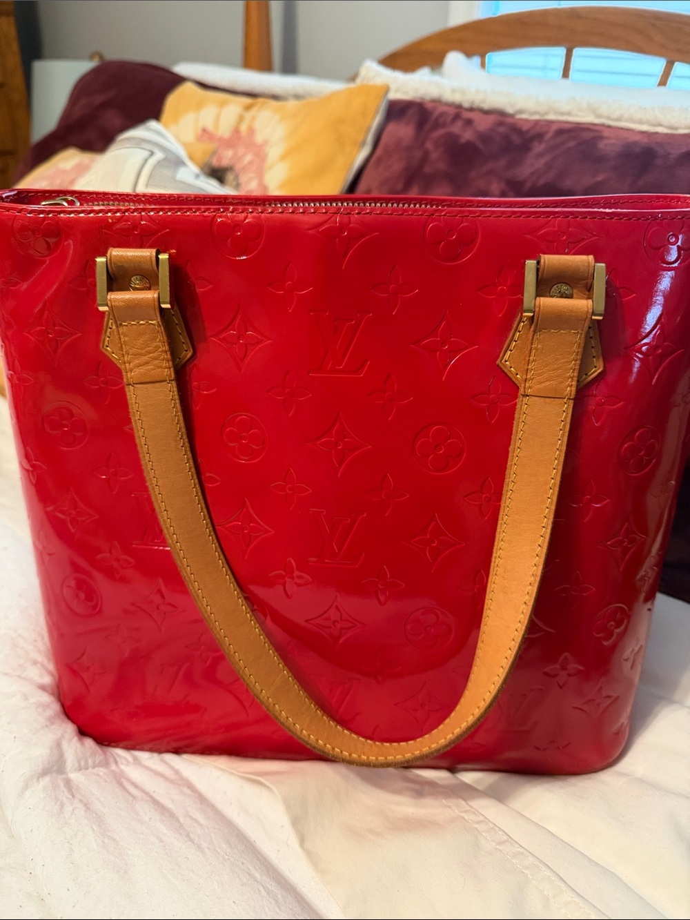 Louis Vuitton Red Vernis Patent Tote with Natural Vachetta Straps. EUC
